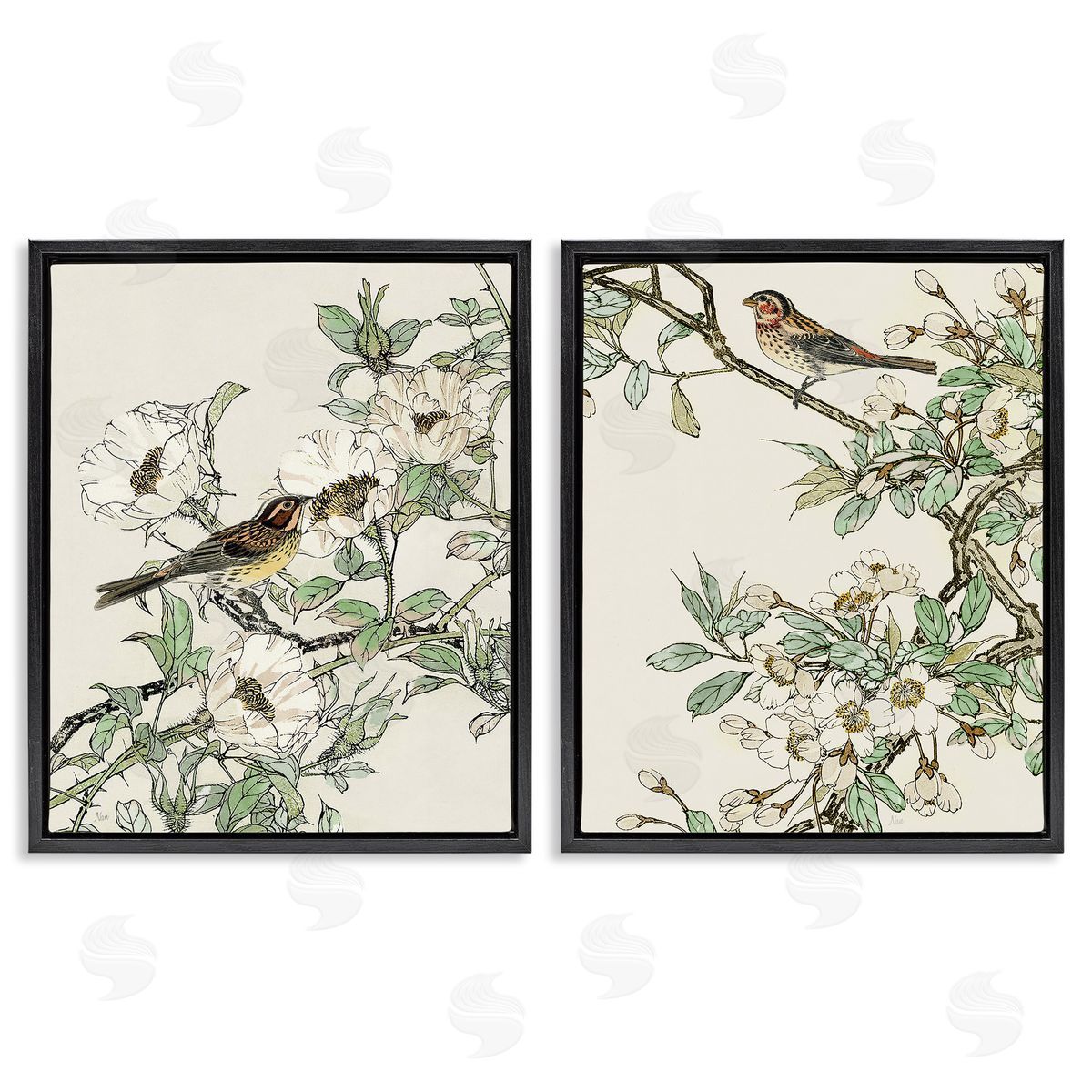 Classic Sparrow on Blossoms Black Floating Frame Canvas Wall Art, Home Decor by Nan