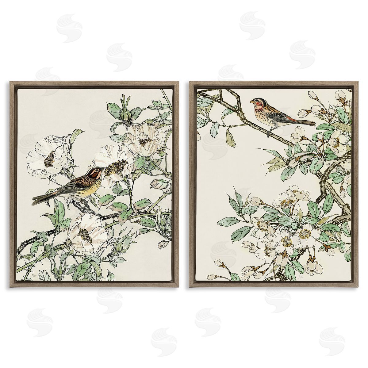 Classic Sparrow on Blossoms Brown Floating Frame Canvas Wall Art, Home Decor by Nan