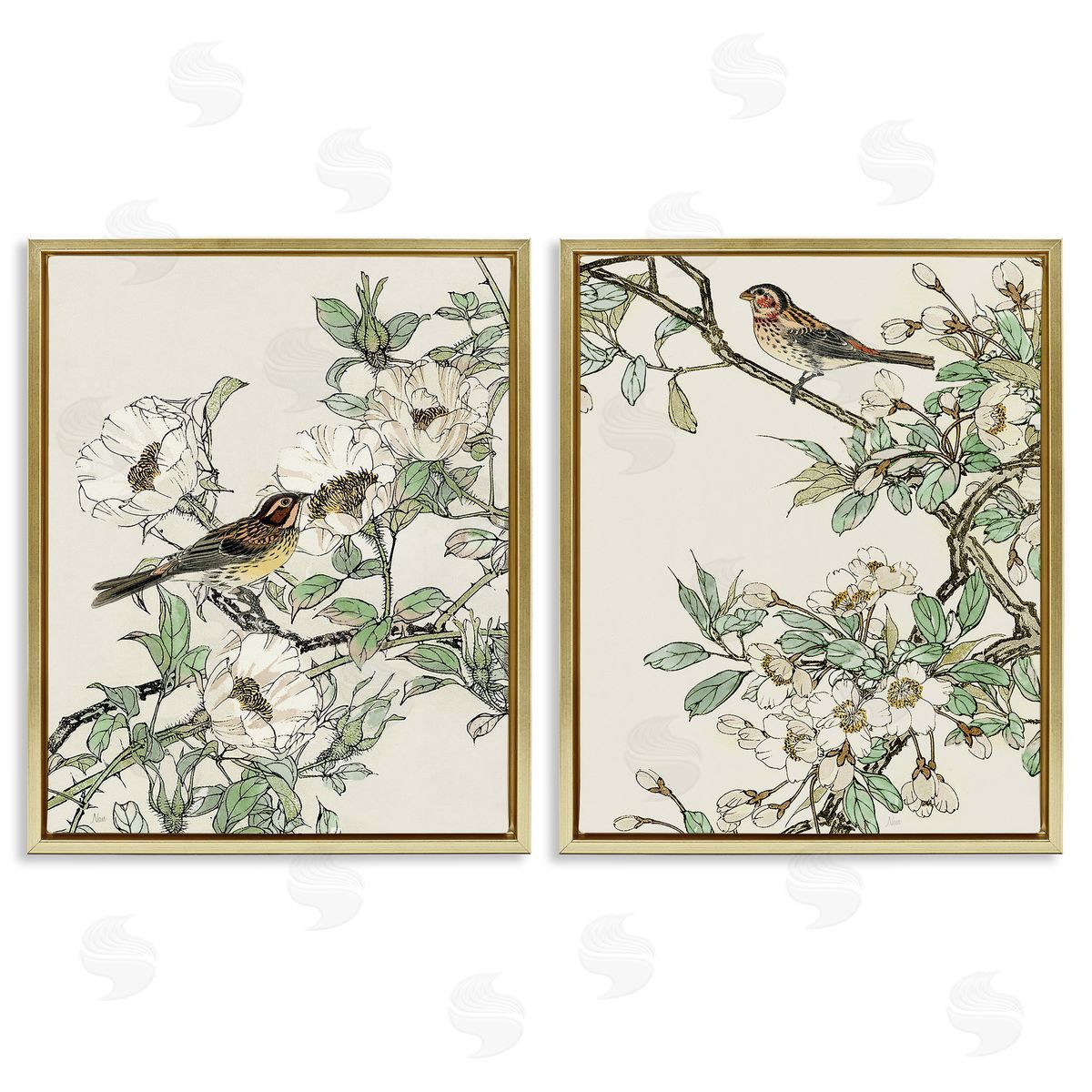 Classic Sparrow on Blossoms Gold Floating Frame Canvas Wall Art, Home Decor by Nan