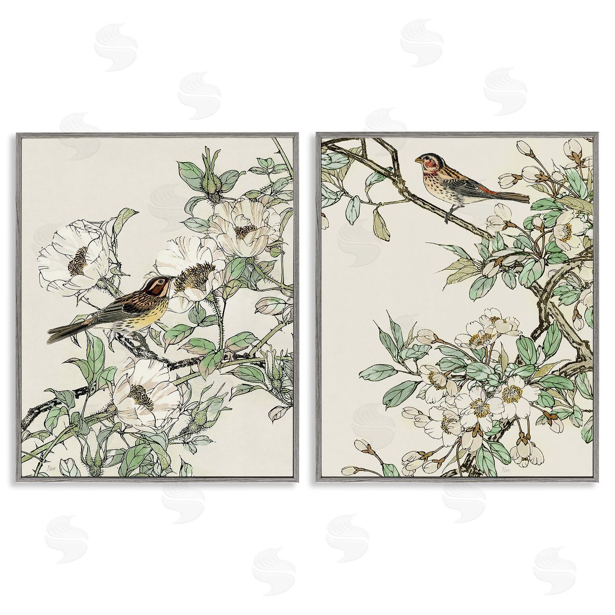 Classic Sparrow on Blossoms Grey Frame Print Wall Art, Home Decor by Nan