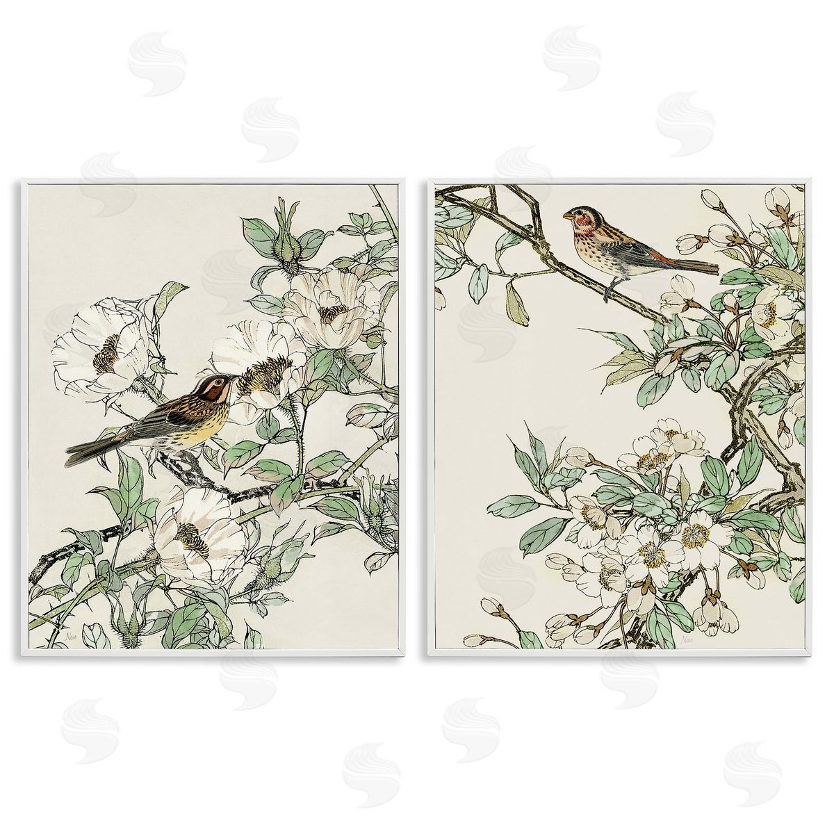 Classic Sparrow on Blossoms White Frame Print Wall Art, Home Decor by Nan