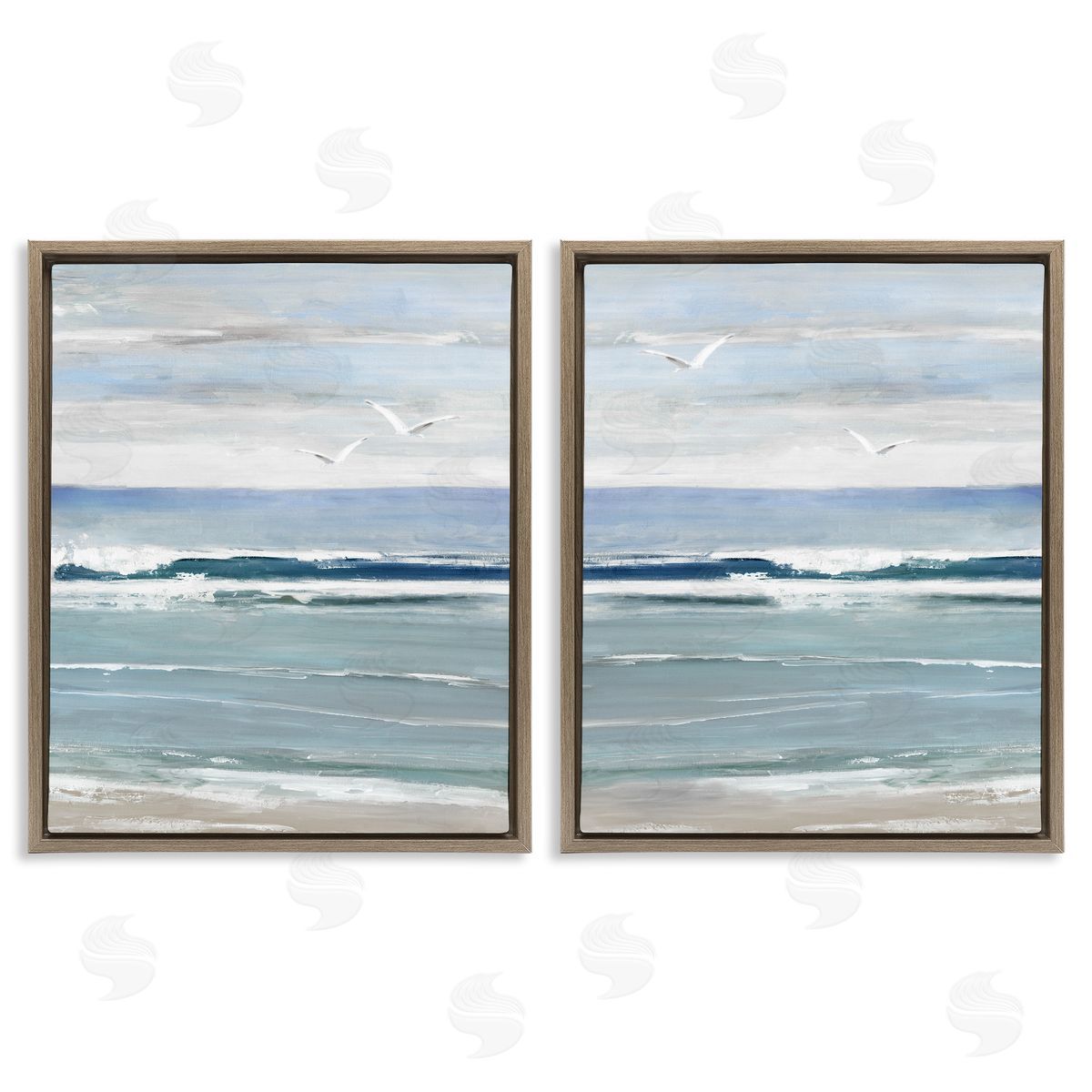 Seagulls over Beach Waves Brown Floating Frame Canvas Wall Art, Home Decor by Sally Swatland