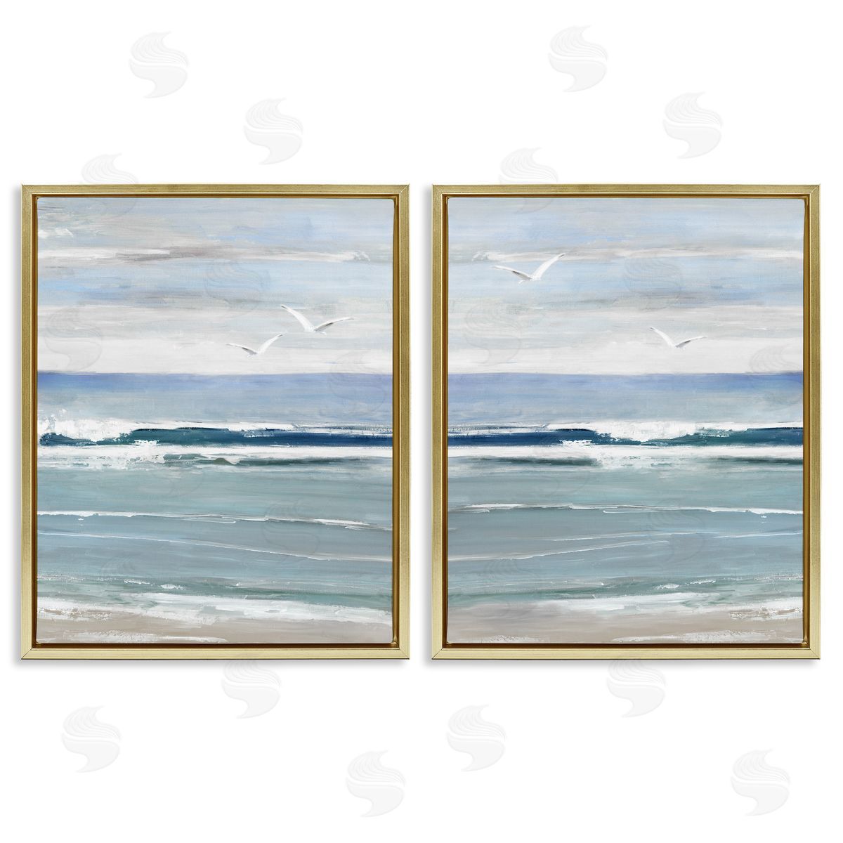 Seagulls over Beach Waves Gold Floating Frame Canvas Wall Art, Home Decor by Sally Swatland