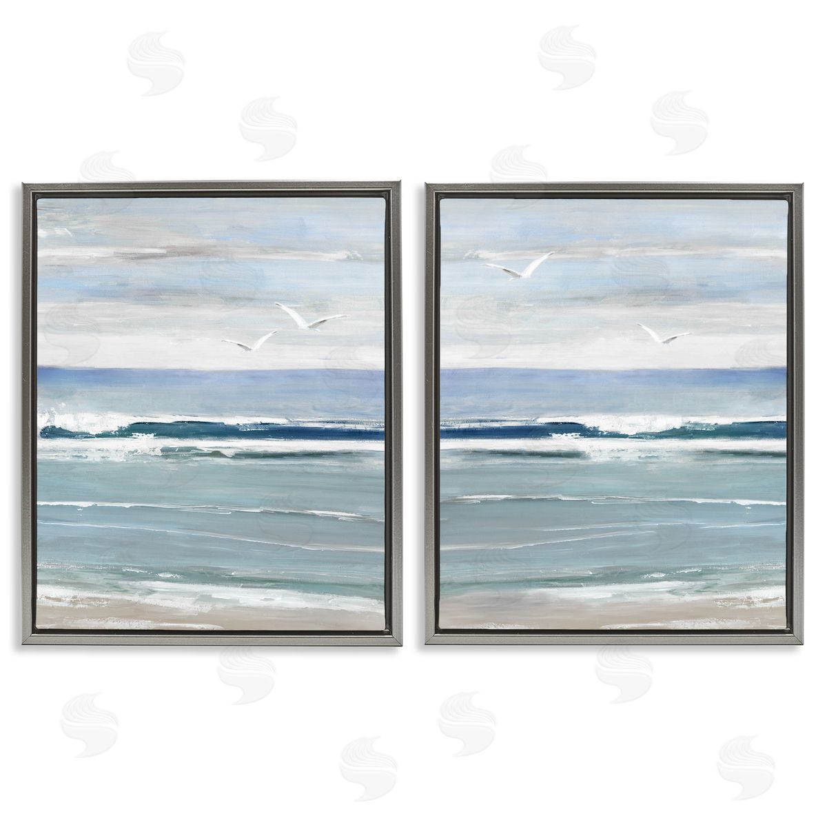Seagulls over Beach Waves Grey Floating Frame Canvas Wall Art, Home Decor by Sally Swatland