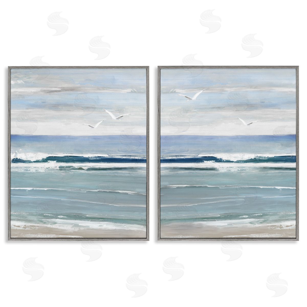 Seagulls over Beach Waves Grey Frame Print Wall Art, Home Decor by Sally Swatland