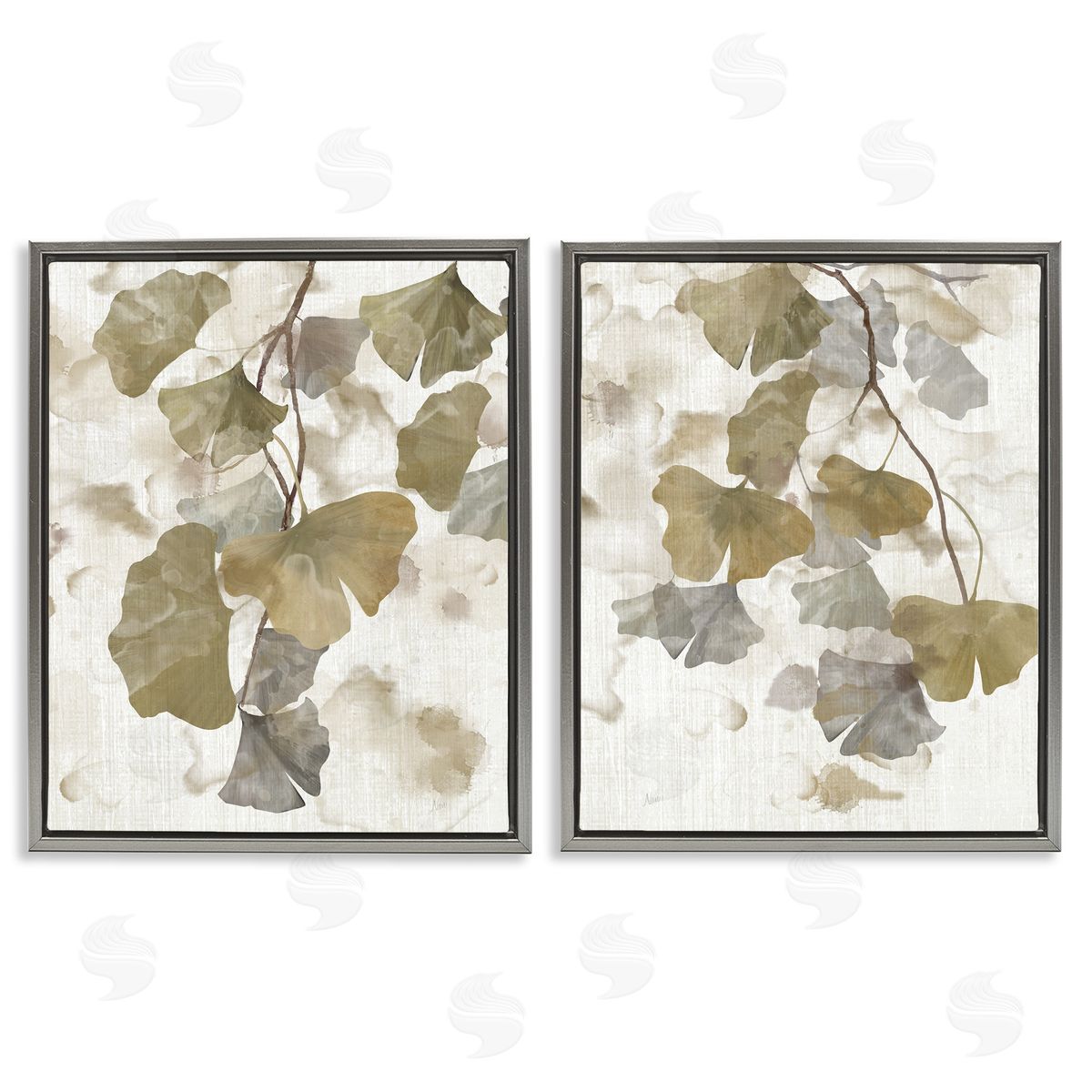 Rustic Gingko Leaves Grey Floating Frame Canvas Wall Art, Home Decor by Nan