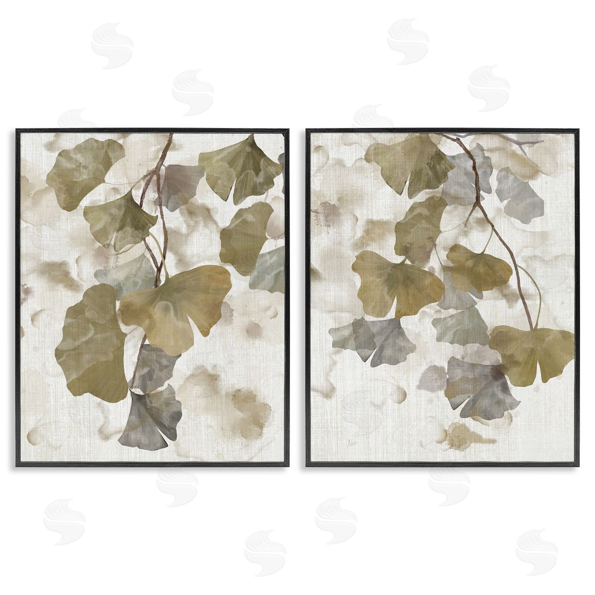 Rustic Gingko Leaves Black Frame Print Wall Art, Home Decor by Nan