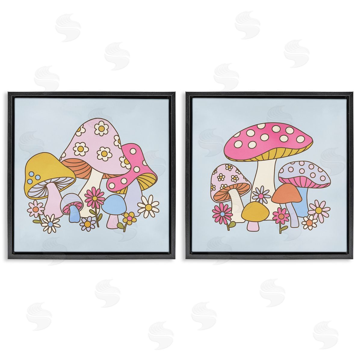 Groovy Floral Mushrooms Black Floating Frame Canvas Wall Art, Home Decor by Victoria Barnes
