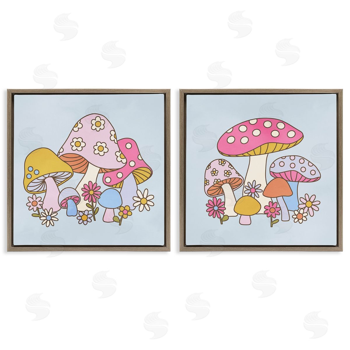 Groovy Floral Mushrooms Brown Floating Frame Canvas Wall Art, Home Decor by Victoria Barnes