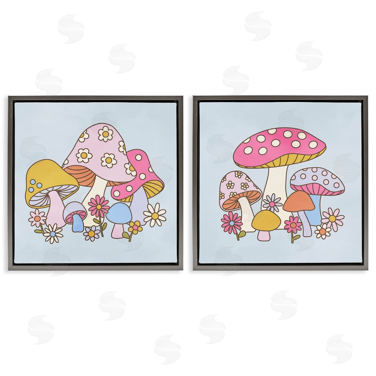 Groovy Floral Mushrooms Grey Floating Frame Canvas Wall Art, Home Decor by Victoria Barnes