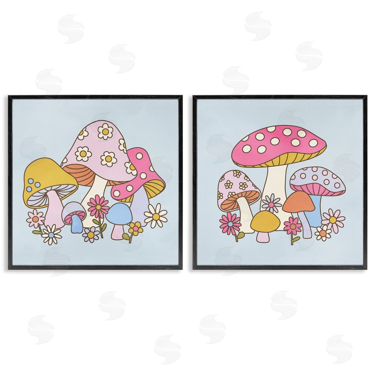 Groovy Floral Mushrooms Black Frame Print Wall Art, Home Decor by Victoria Barnes