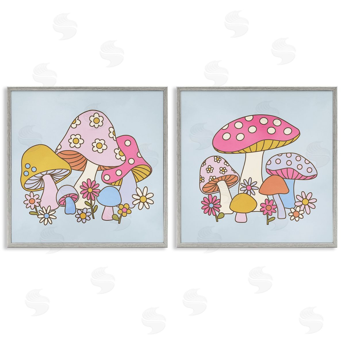 Groovy Floral Mushrooms Grey Frame Print Wall Art, Home Decor by Victoria Barnes