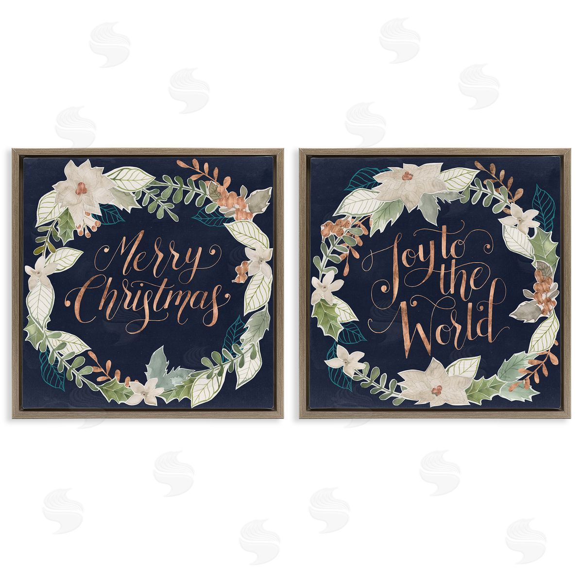 Merry Christmas Joy Wreath Brown Floating Frame Canvas Wall Art, Home Decor by Grace Popp