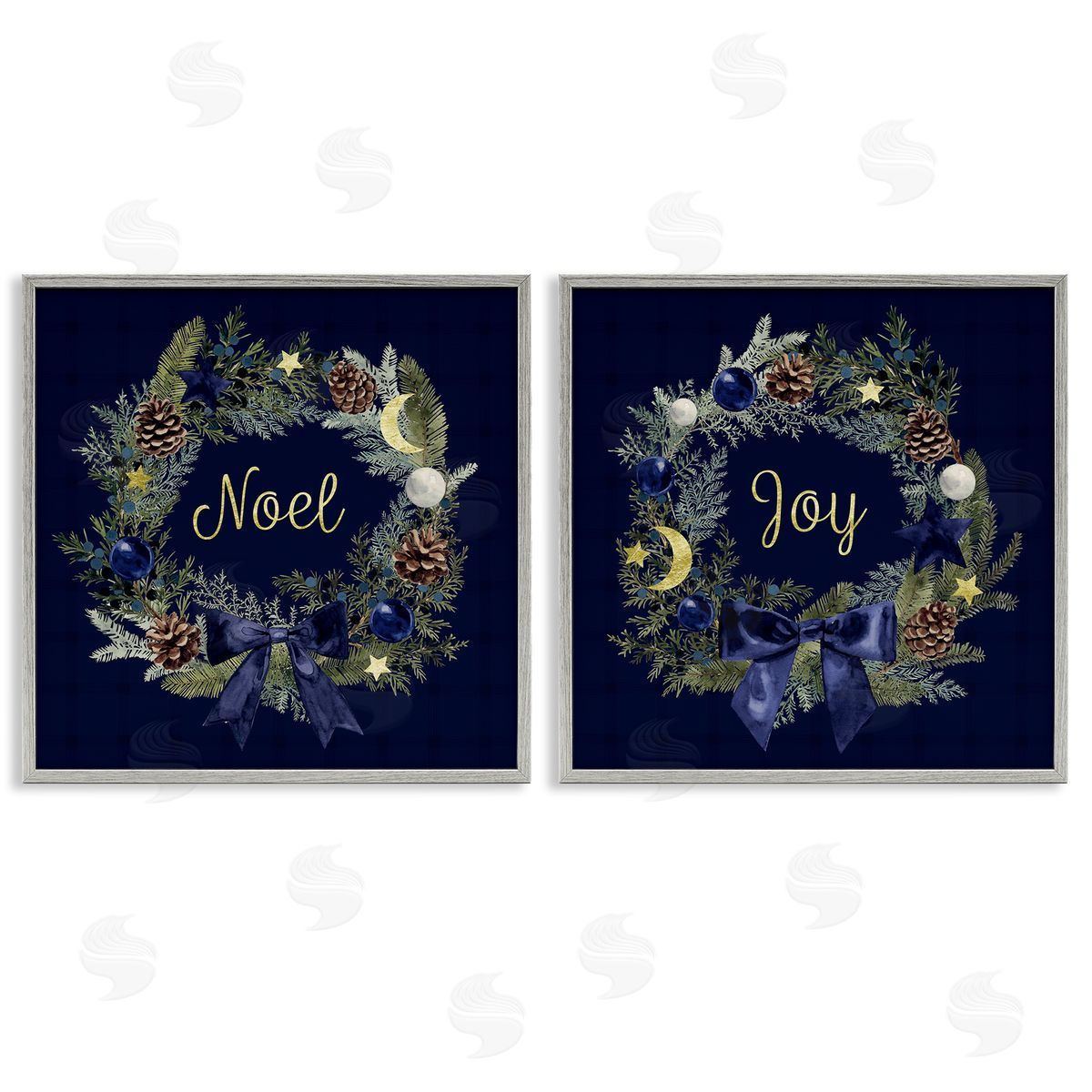 Noel Joy Balsam Wreath Pinecones Grey Frame Print Wall Art, Home Decor by Victoria Barnes