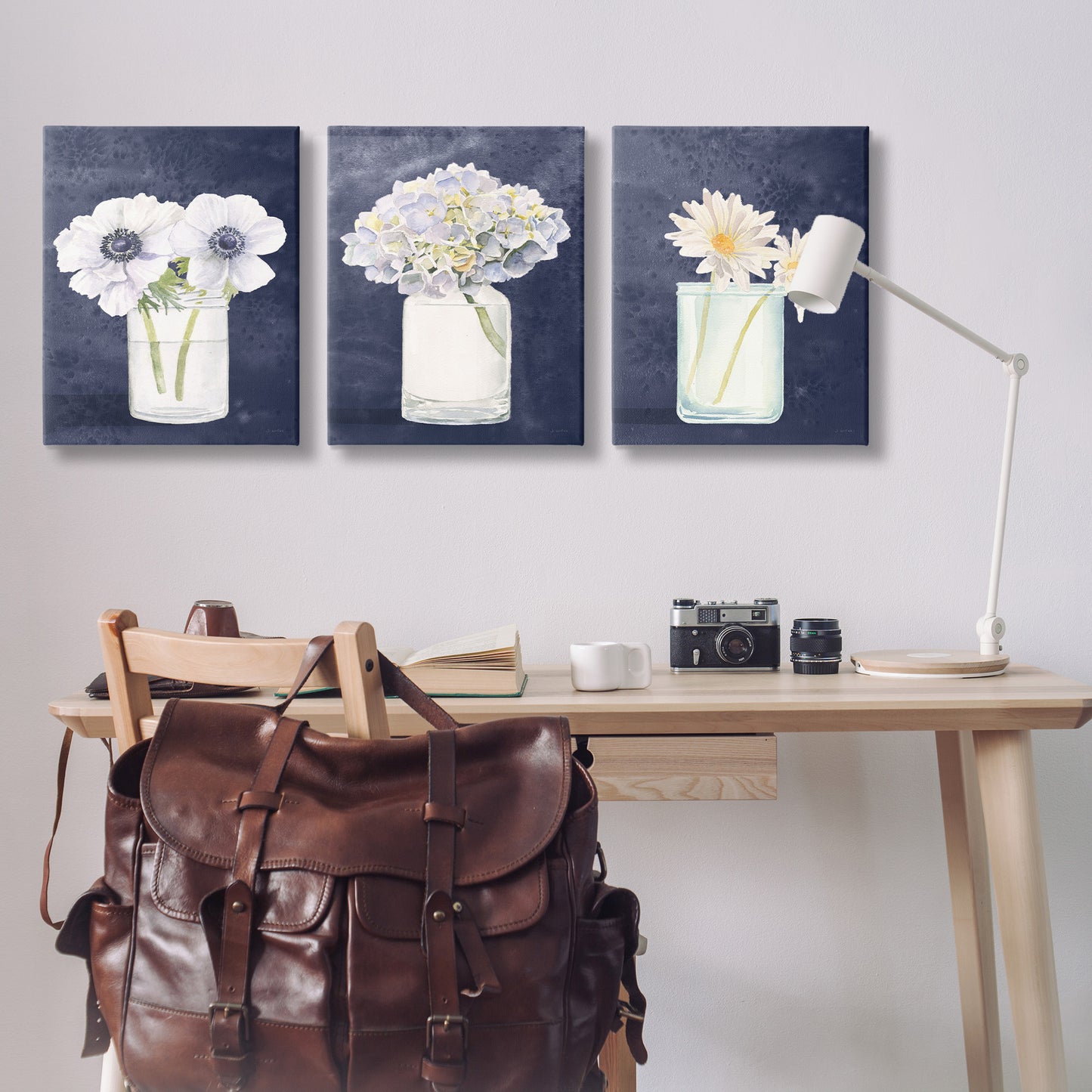 Navy Blue Flower Bouquets Canvas Wall Art in Room, Home Decor by James Wiens
