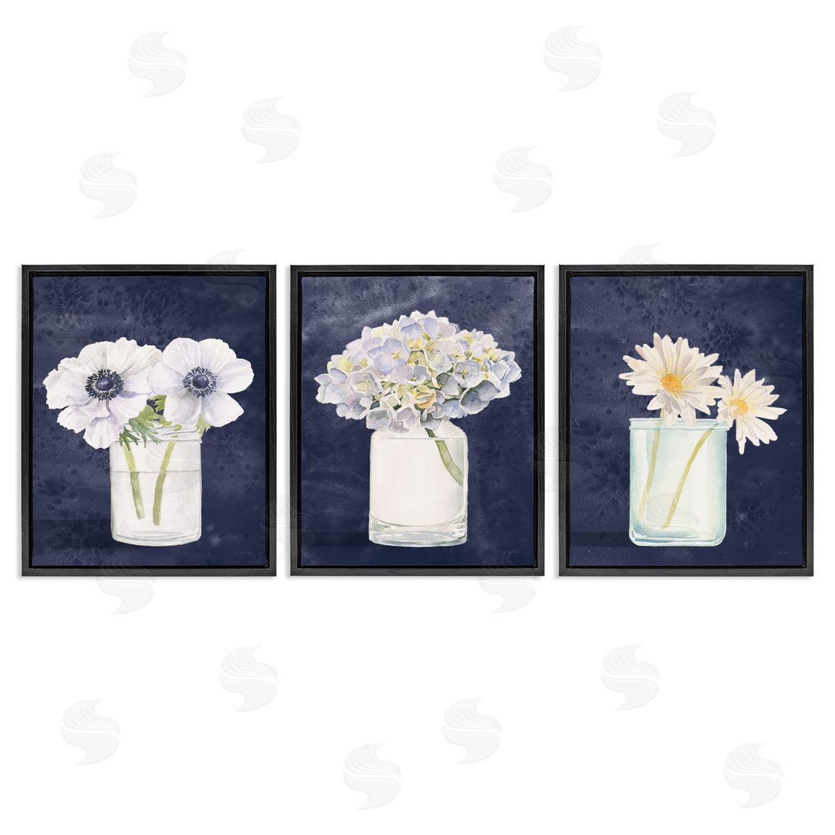 Navy Blue Flower Bouquets Black Floating Frame Canvas Wall Art, Home Decor by James Wiens