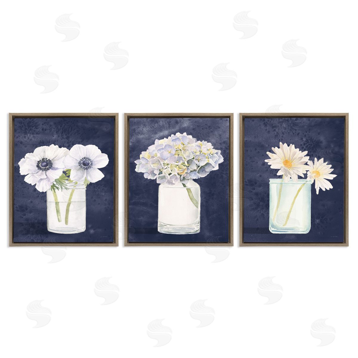 Navy Blue Flower Bouquets Brown Floating Frame Canvas Wall Art, Home Decor by James Wiens
