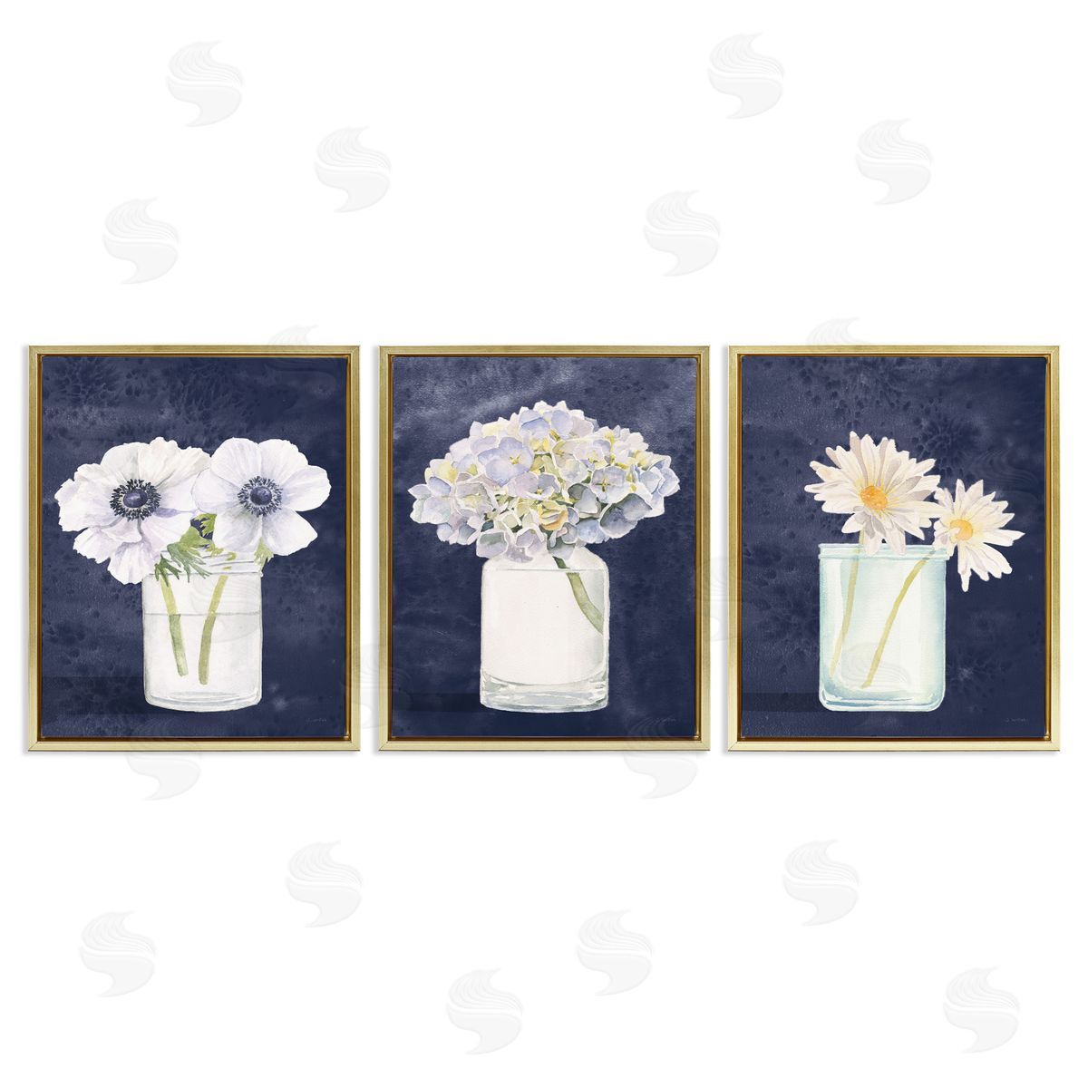 Navy Blue Flower Bouquets Gold Floating Frame Canvas Wall Art, Home Decor by James Wiens