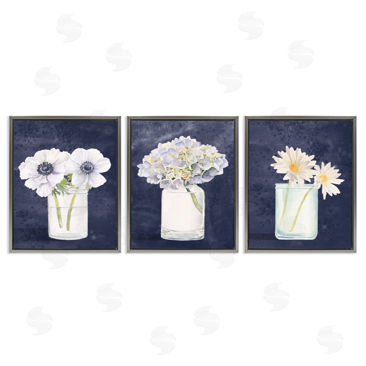 Navy Blue Flower Bouquets Grey Floating Frame Canvas Wall Art, Home Decor by James Wiens