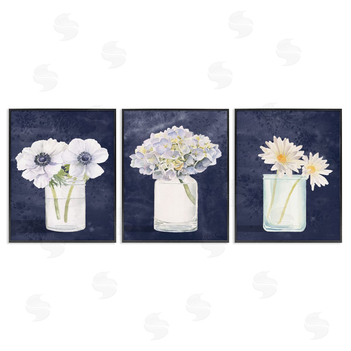 Navy Blue Flower Bouquets Black Frame Print Wall Art, Home Decor by James Wiens