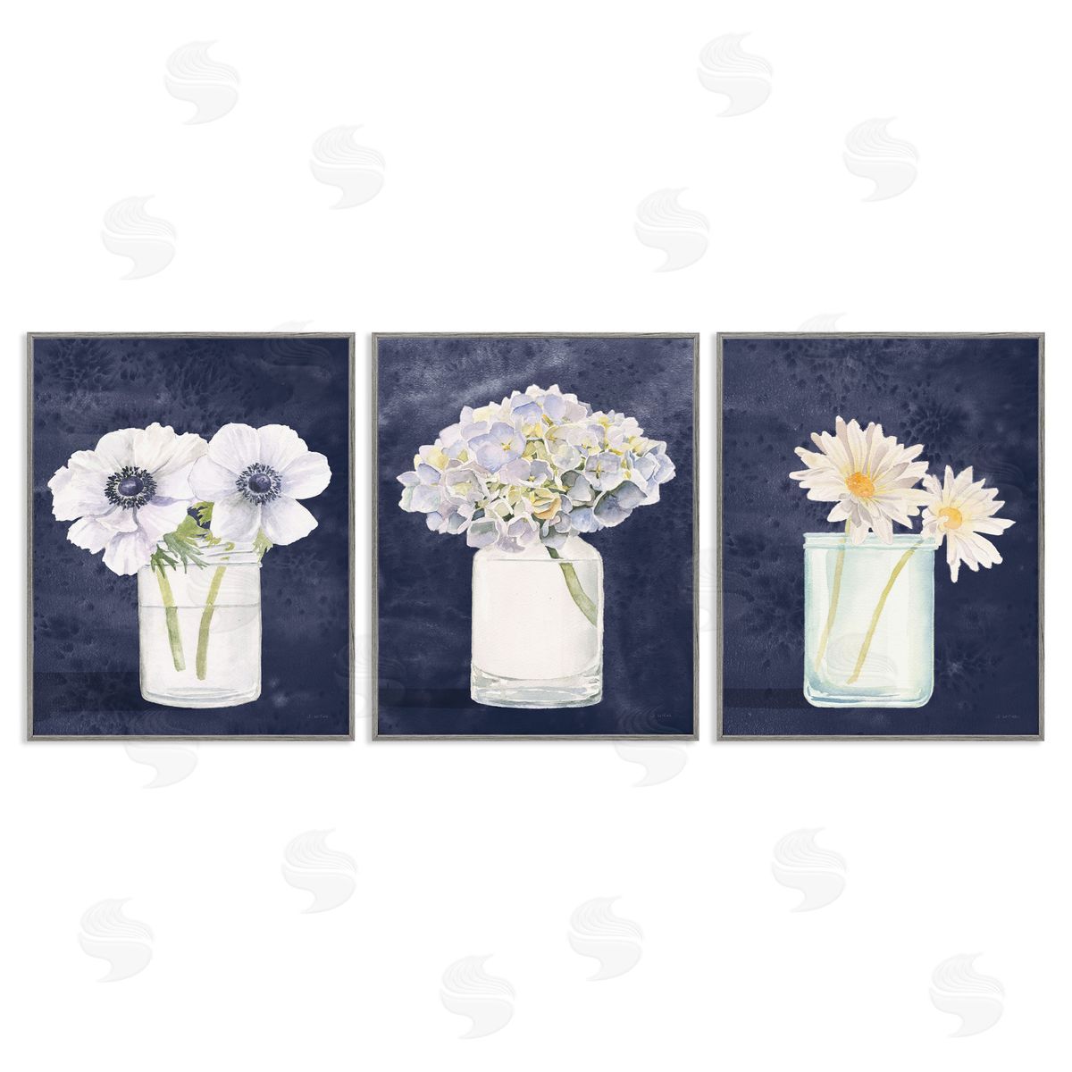 Navy Blue Flower Bouquets Grey Frame Print Wall Art, Home Decor by James Wiens