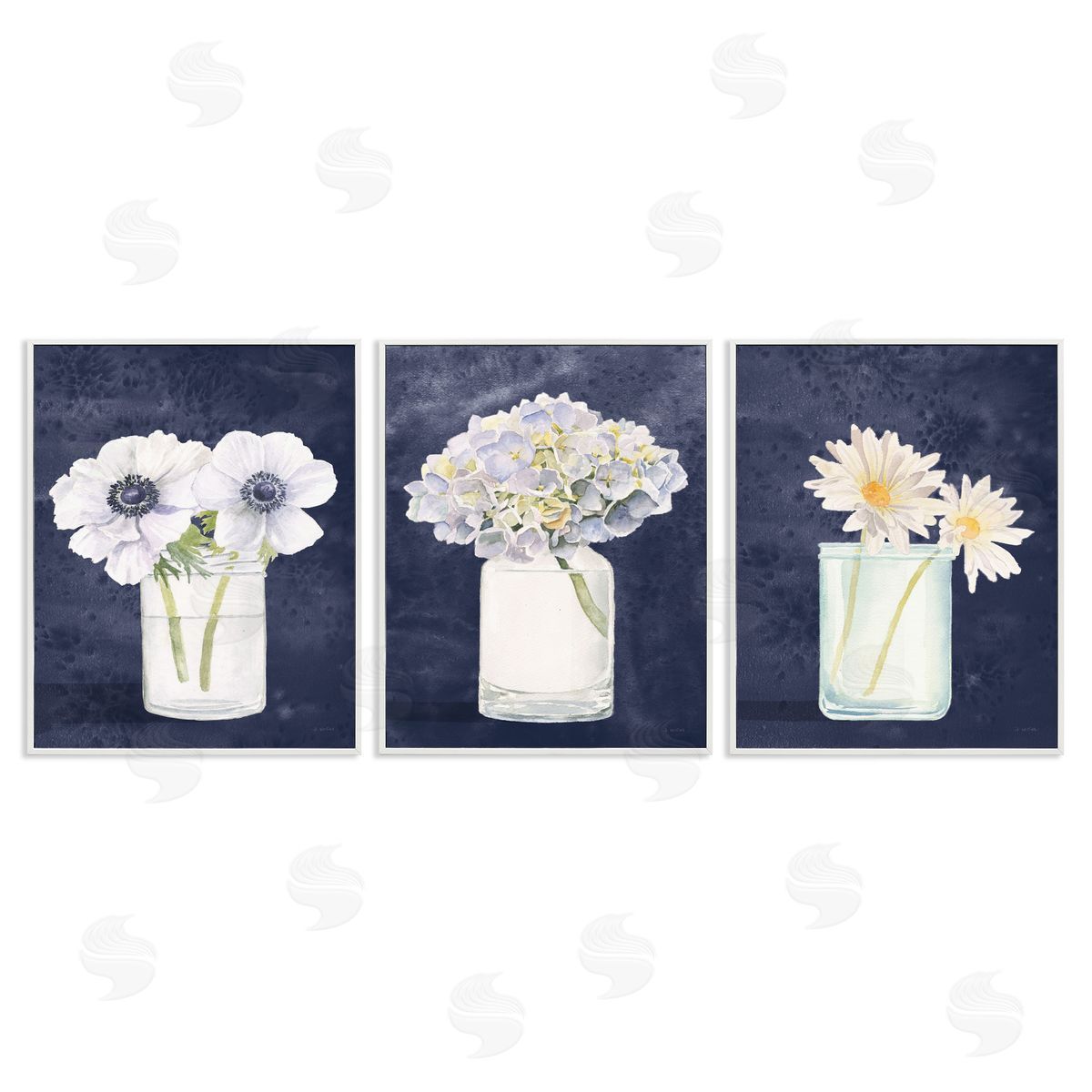 Navy Blue Flower Bouquets White Frame Print Wall Art, Home Decor by James Wiens