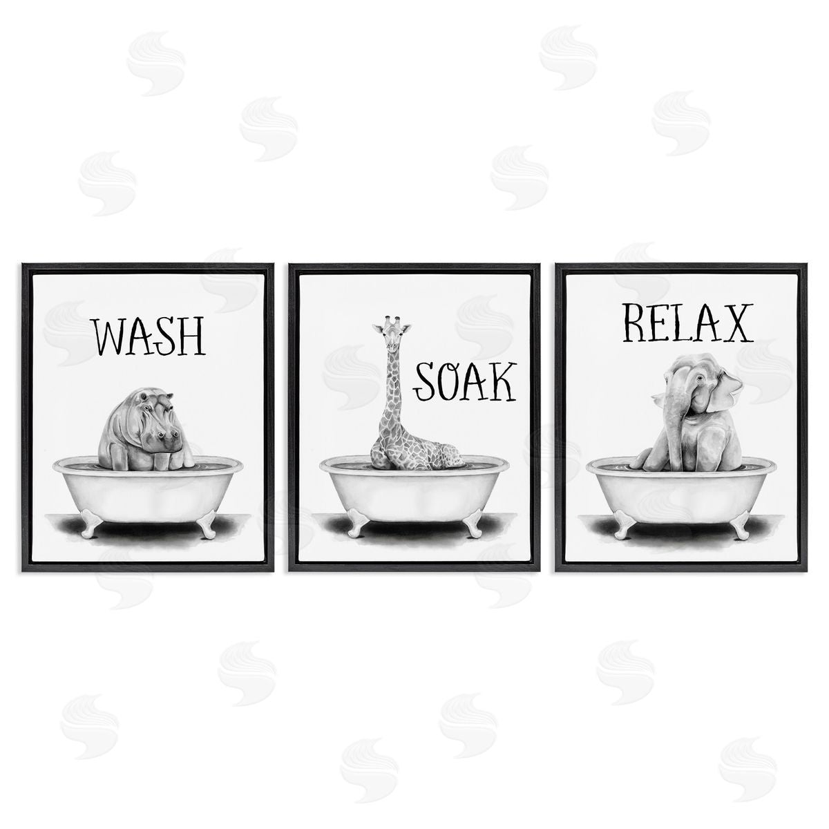 Wash Soak Relax Jungle Animals Black Floating Frame Canvas Wall Art, Home Decor by Rachel Nieman