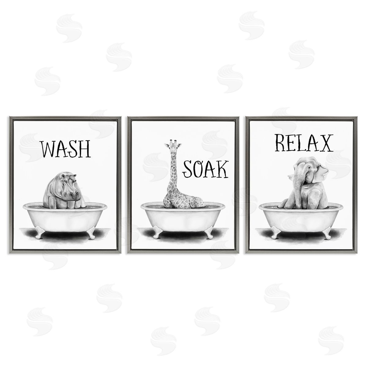 Wash Soak Relax Jungle Animals Grey Floating Frame Canvas Wall Art, Home Decor by Rachel Nieman