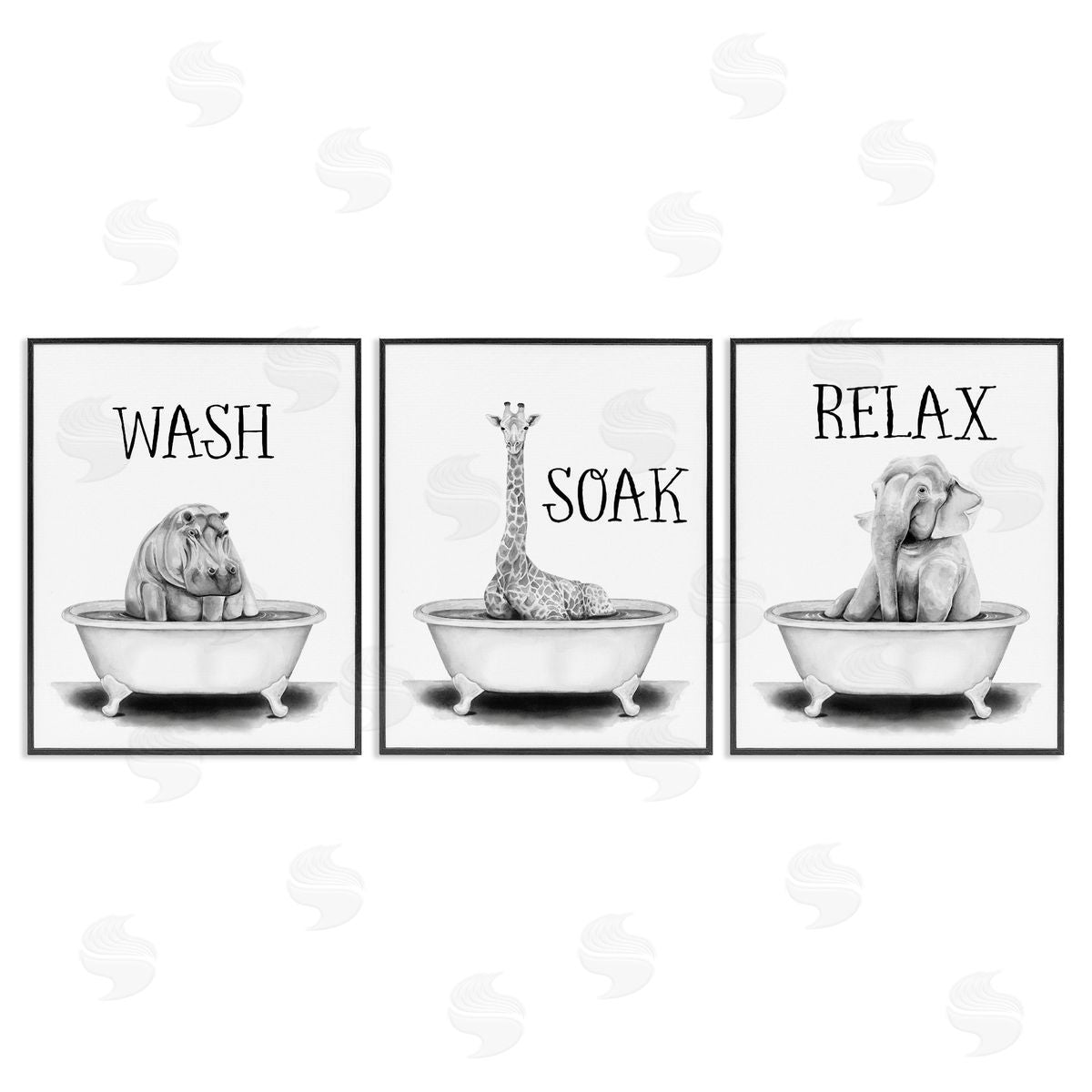 Wash Soak Relax Jungle Animals Black Frame Print Wall Art, Home Decor by Rachel Nieman
