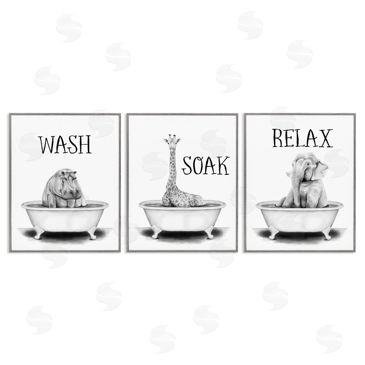 Wash Soak Relax Jungle Animals Grey Frame Print Wall Art, Home Decor by Rachel Nieman