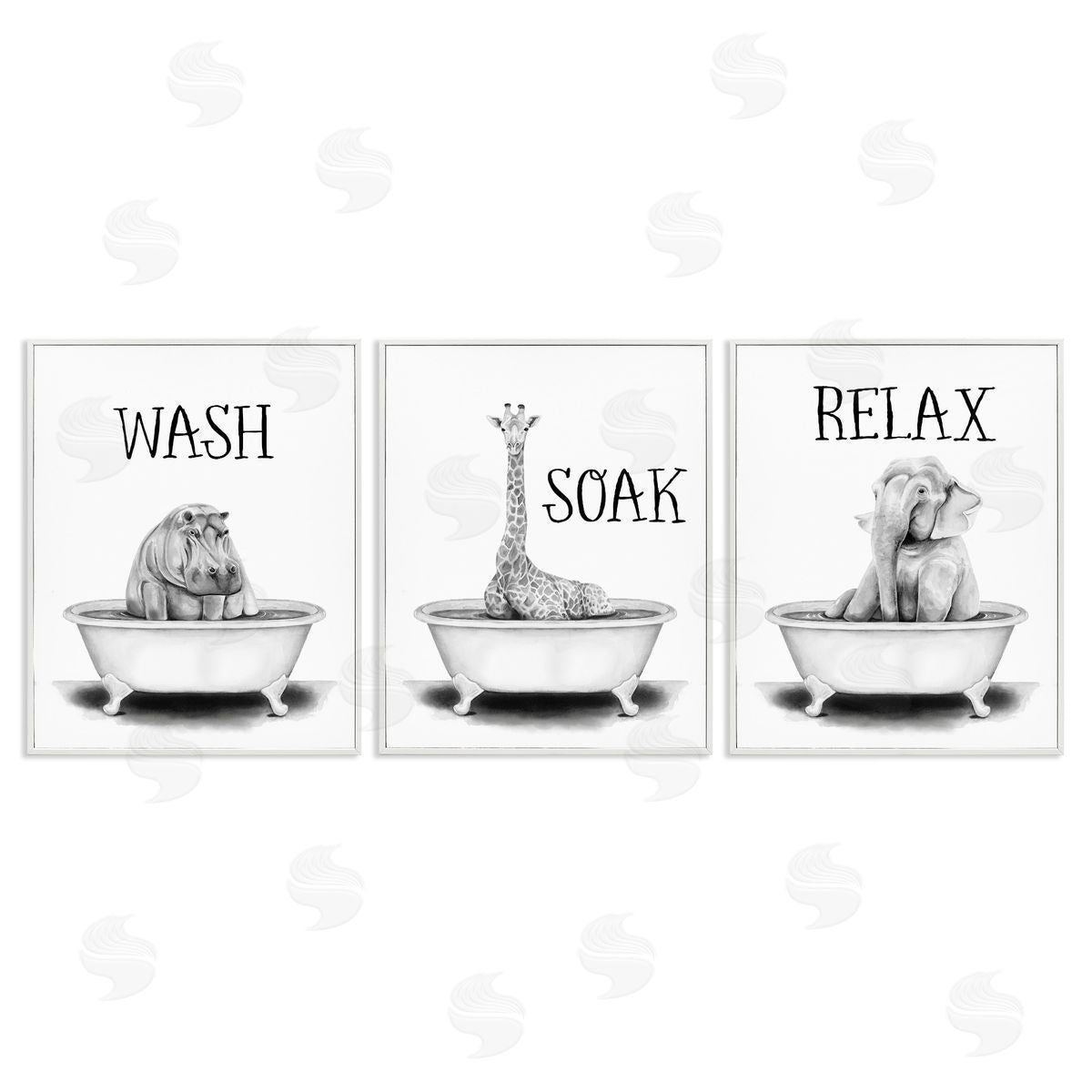 Wash Soak Relax Jungle Animals White Frame Print Wall Art, Home Decor by Rachel Nieman