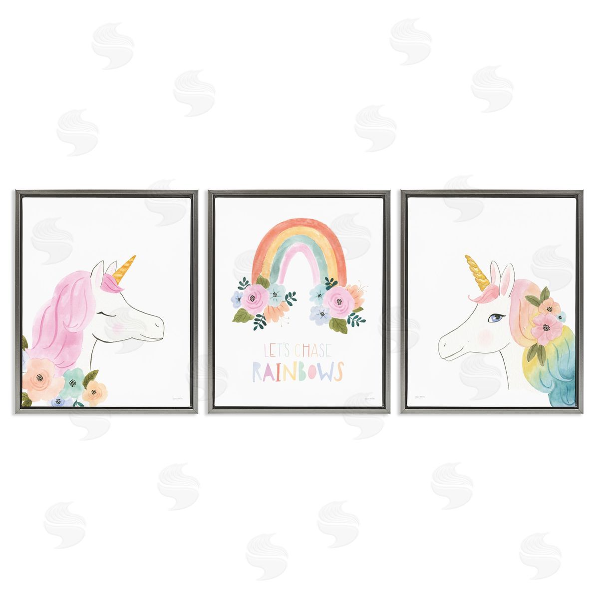 Let's Chase Rainbows Unicorns Grey Floating Frame Canvas Wall Art, Home Decor by Jenaya Jackson