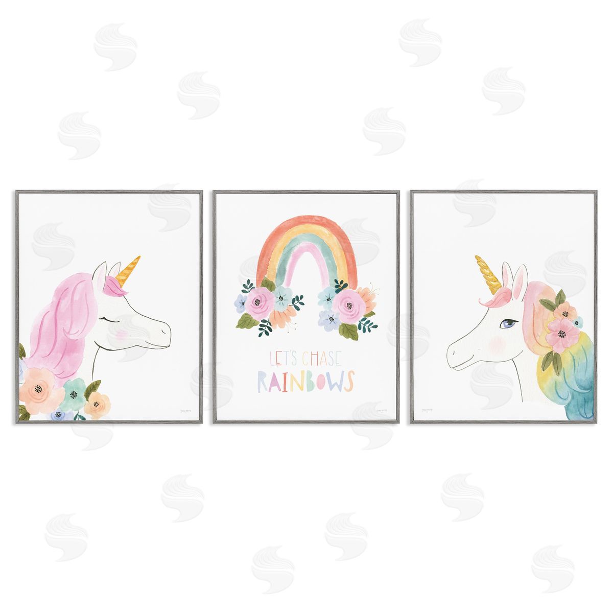 Let's Chase Rainbows Unicorns Grey Frame Print Wall Art, Home Decor by Jenaya Jackson