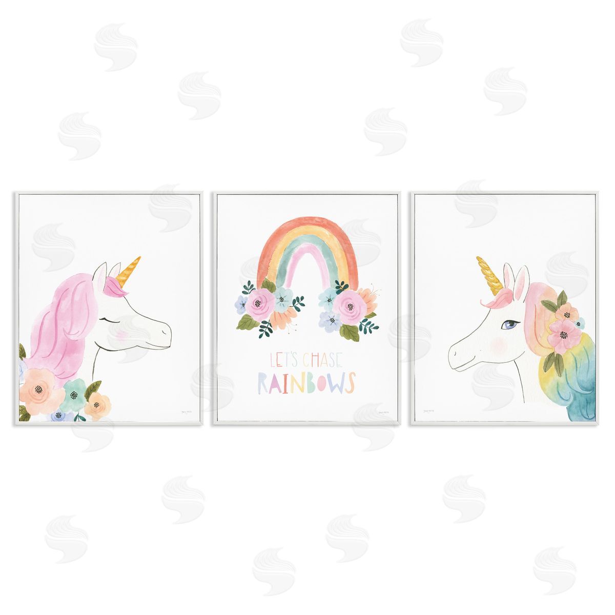 Let's Chase Rainbows Unicorns White Frame Print Wall Art, Home Decor by Jenaya Jackson