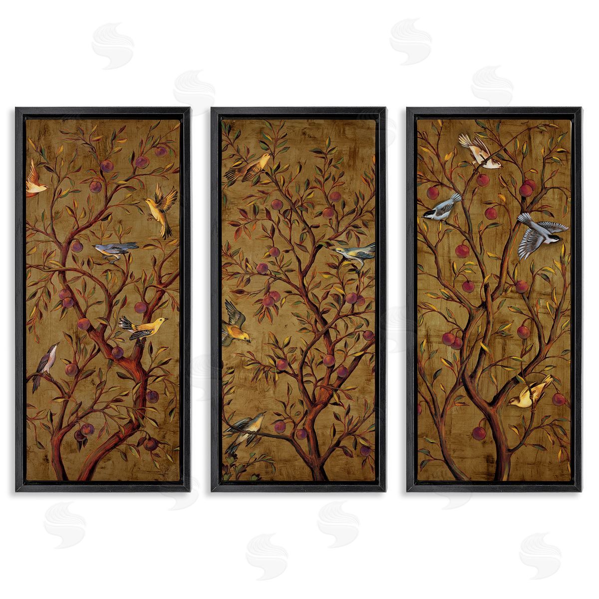 Regal Plum Tree with Perched Birds Black Floating Frame Canvas Wall Art, Home Decor by Rodolfo Jimenez