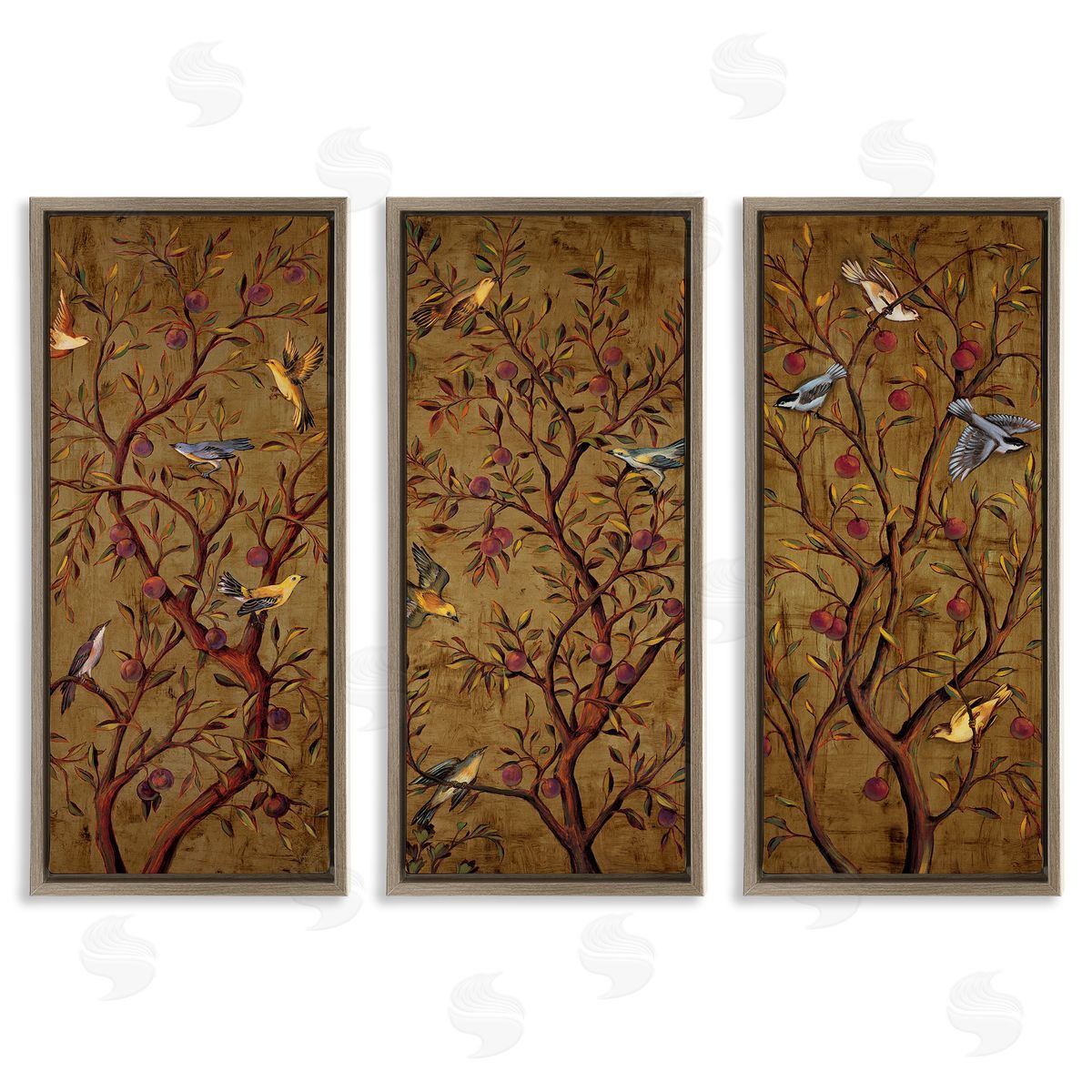 Regal Plum Tree with Perched Birds Brown Floating Frame Canvas Wall Art, Home Decor by Rodolfo Jimenez