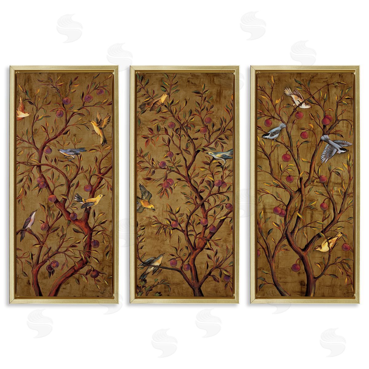 Regal Plum Tree with Perched Birds Gold Floating Frame Canvas Wall Art, Home Decor by Rodolfo Jimenez