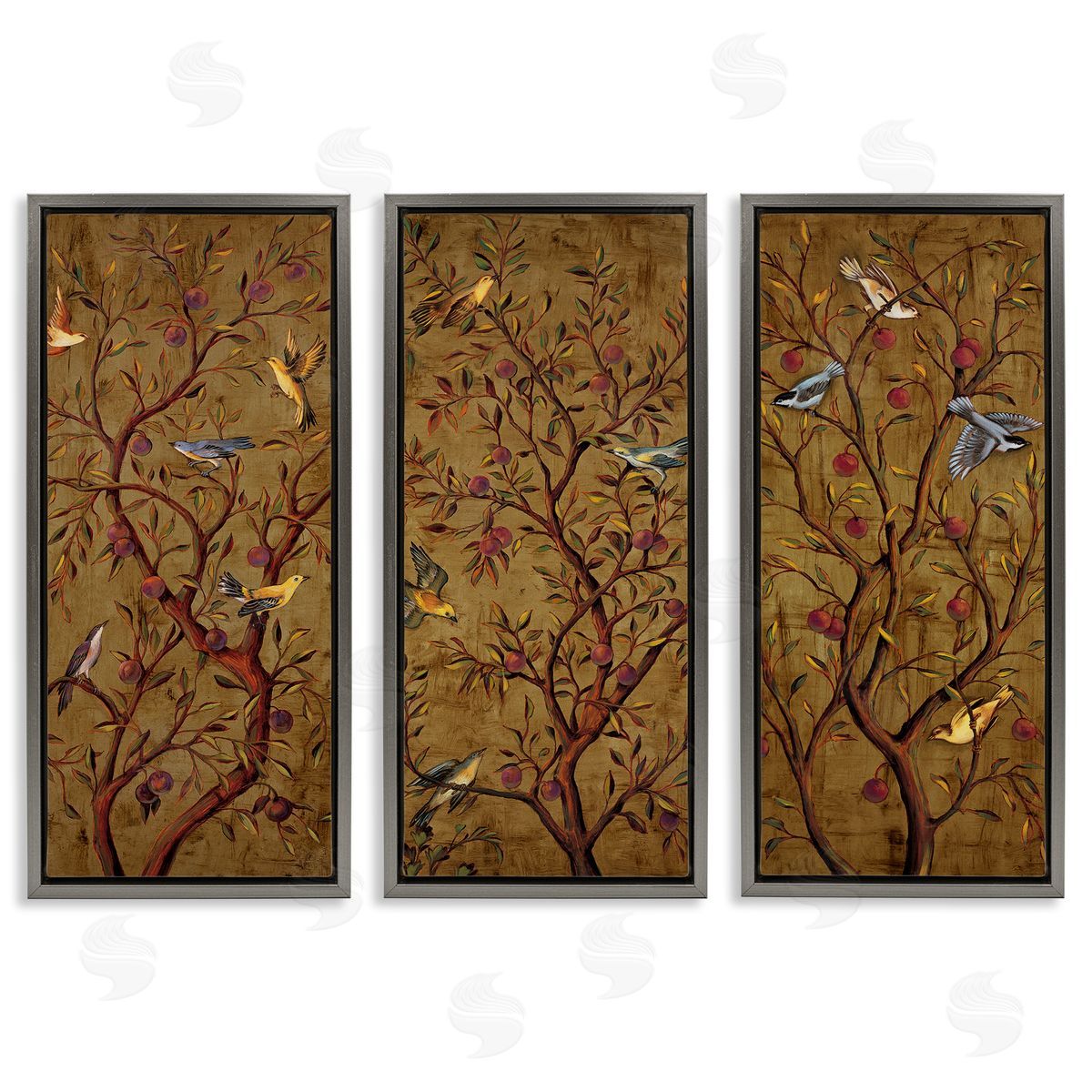 Regal Plum Tree with Perched Birds Grey Floating Frame Canvas Wall Art, Home Decor by Rodolfo Jimenez