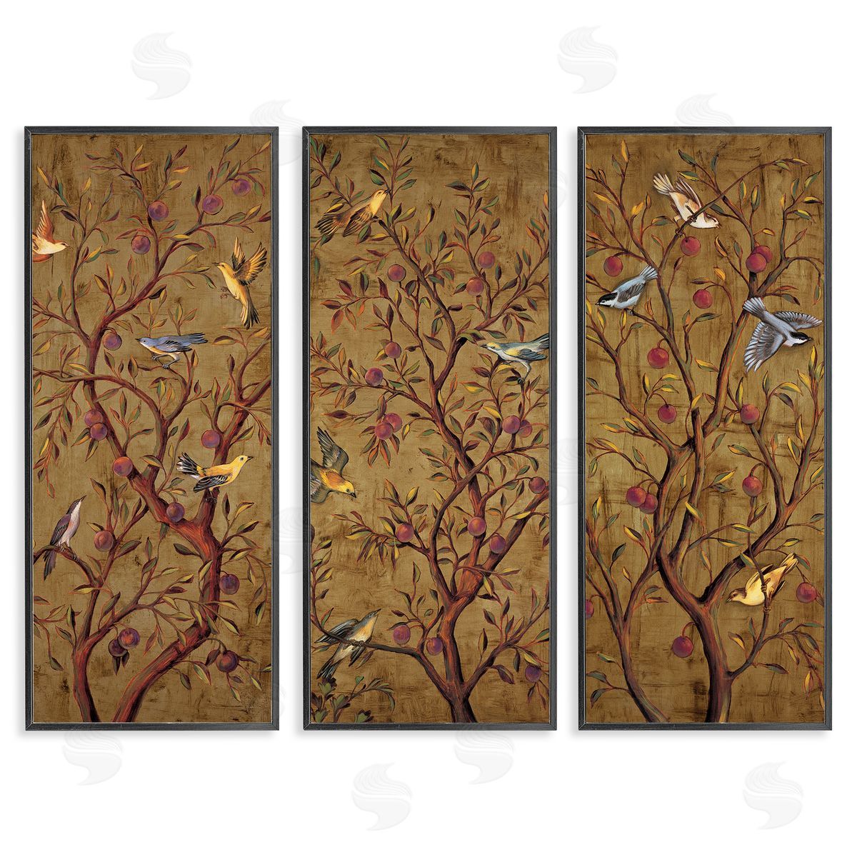 Regal Plum Tree with Perched Birds Black Frame Print Wall Art, Home Decor by Rodolfo Jimenez