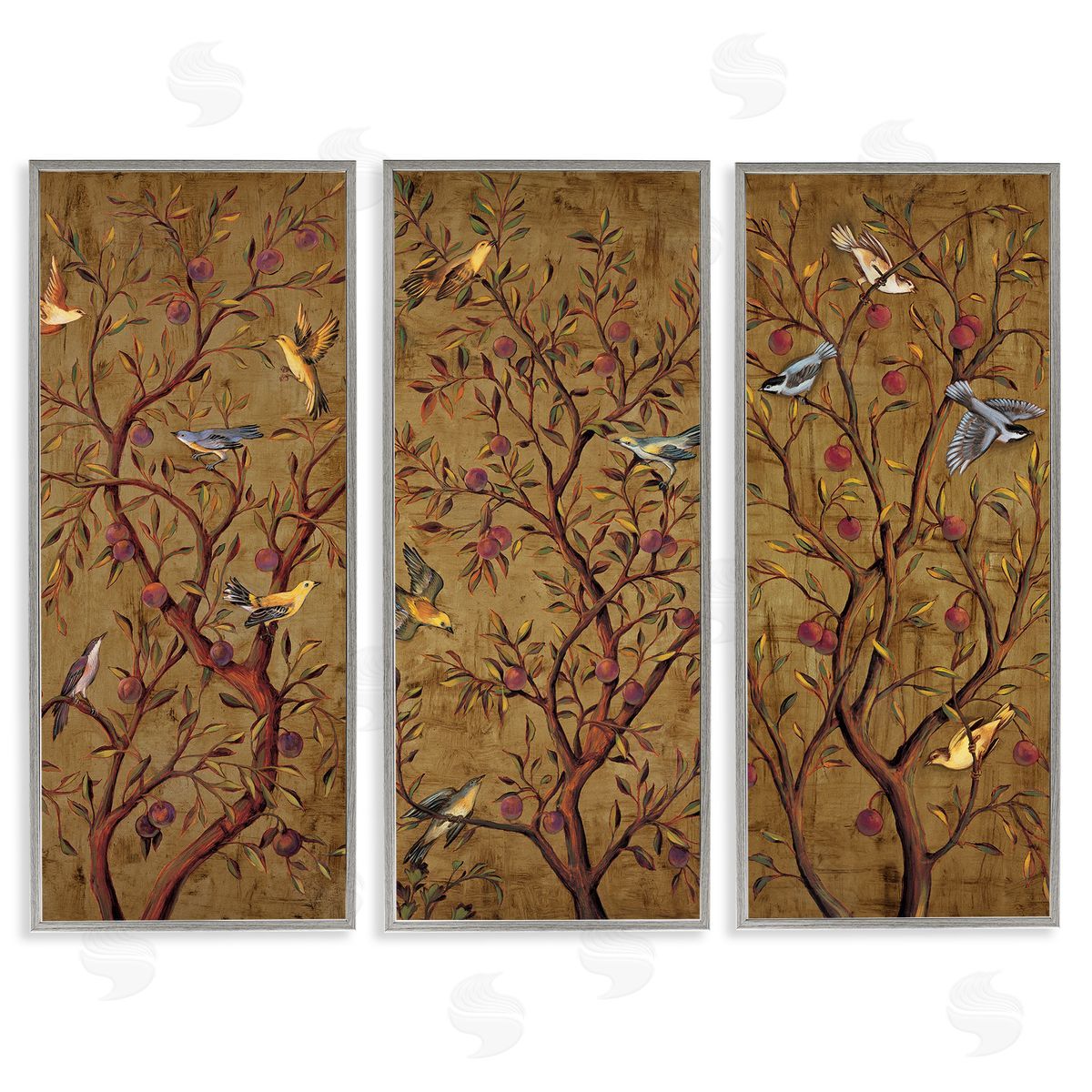 Regal Plum Tree with Perched Birds Grey Frame Print Wall Art, Home Decor by Rodolfo Jimenez