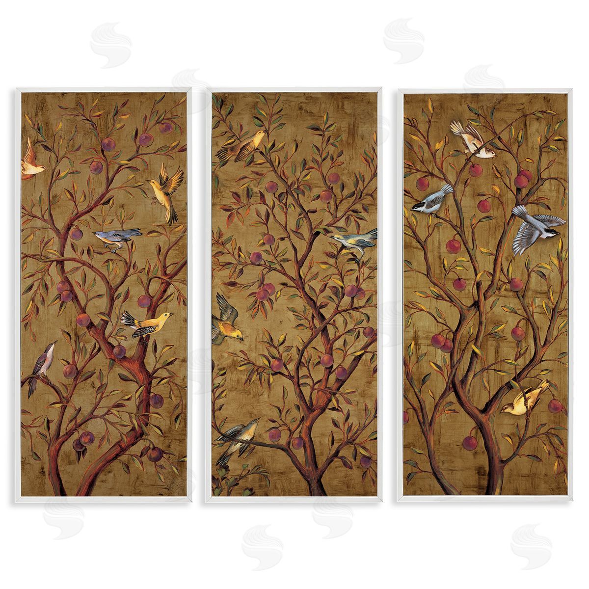 Regal Plum Tree with Perched Birds White Frame Print Wall Art, Home Decor by Rodolfo Jimenez