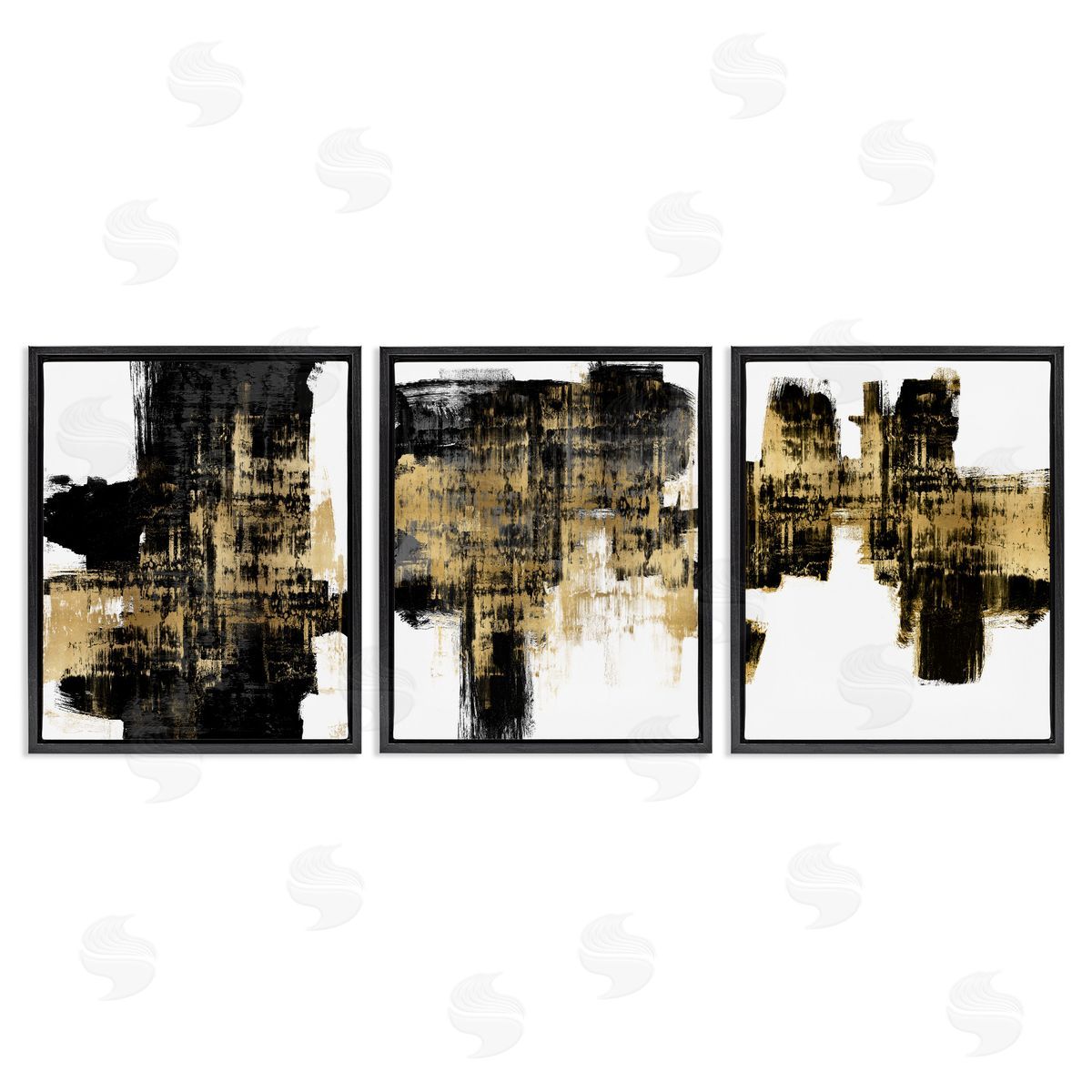 Bold Black Brushstrokes with Gold Black Floating Frame Canvas Wall Art, Home Decor by Alex Wise