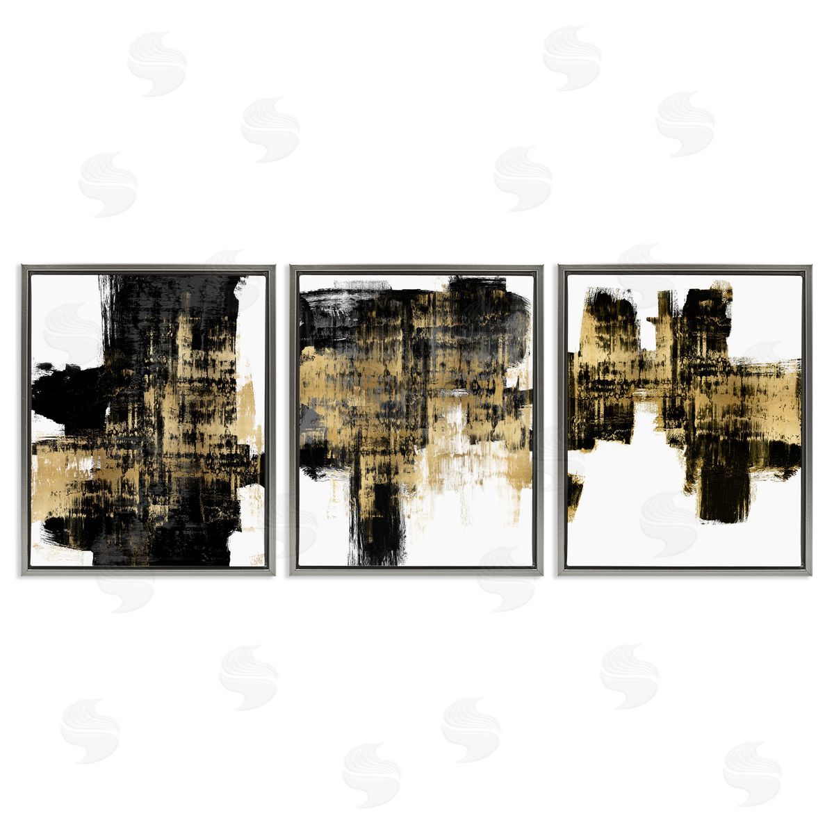 Bold Black Brushstrokes with Gold Grey Floating Frame Canvas Wall Art, Home Decor by Alex Wise