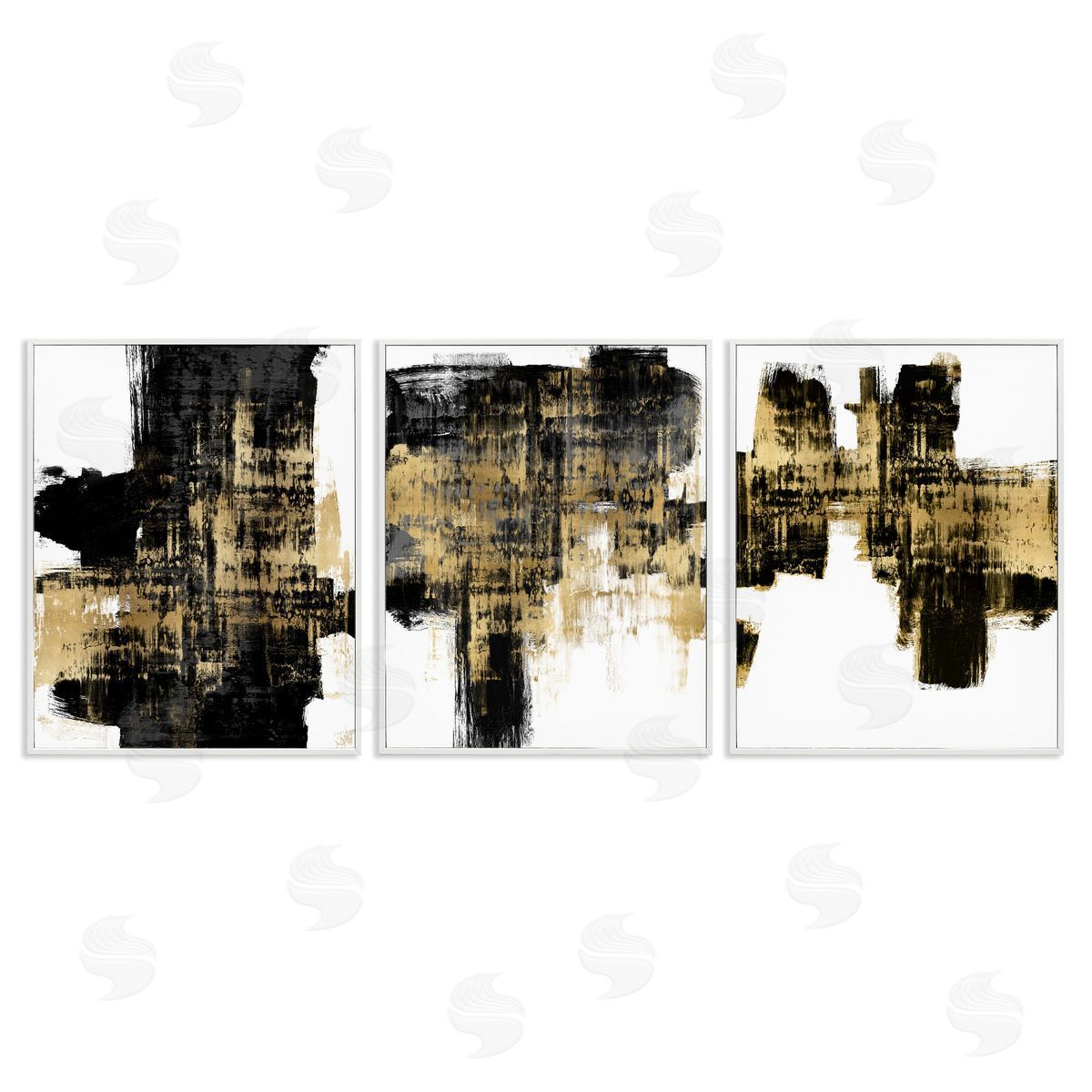 Bold Black Brushstrokes with Gold White Frame Print Wall Art, Home Decor by Alex Wise