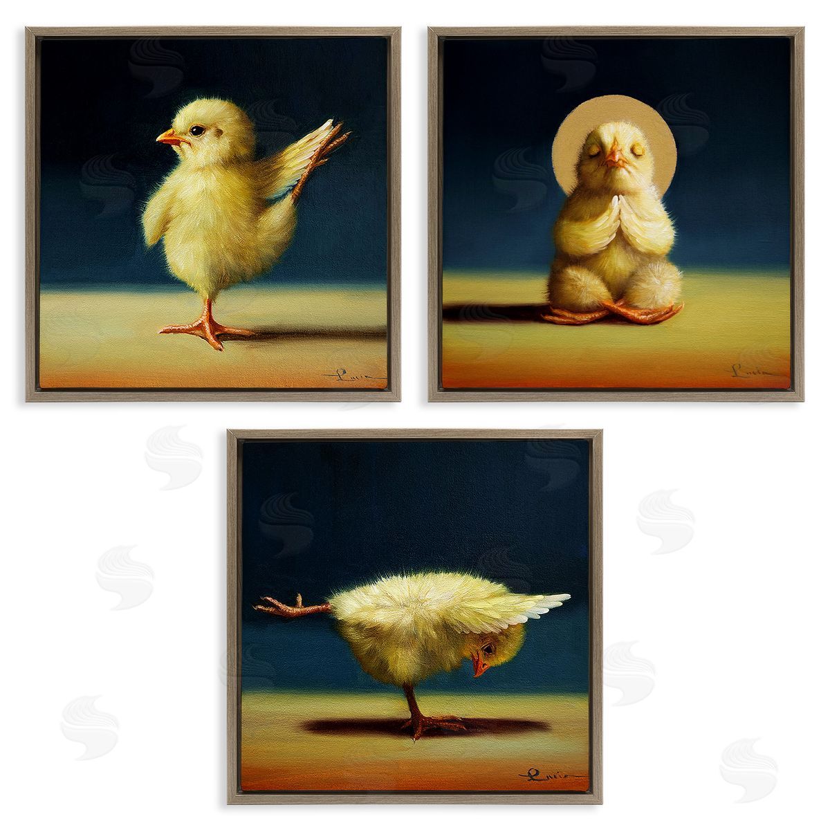 Yoga Chick Trio Stretching Poses Brown Floating Frame Canvas Wall Art, Home Decor by Lucia Heffernan