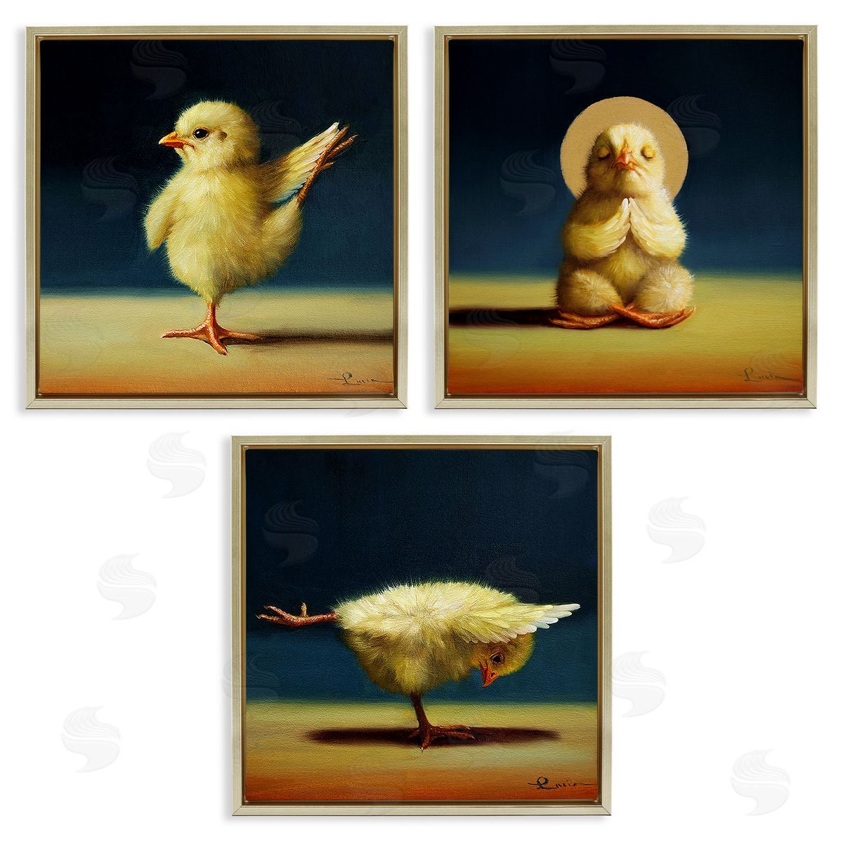 Yoga Chick Trio Stretching Poses Gold Floating Frame Canvas Wall Art, Home Decor by Lucia Heffernan