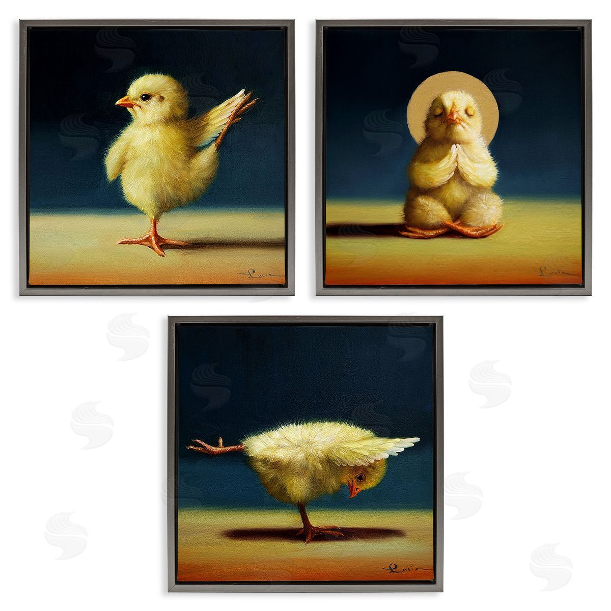 Yoga Chick Trio Stretching Poses Grey Floating Frame Canvas Wall Art, Home Decor by Lucia Heffernan