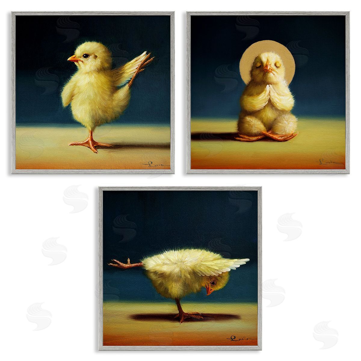 Yoga Chick Trio Stretching Poses Grey Frame Print Wall Art, Home Decor by Lucia Heffernan