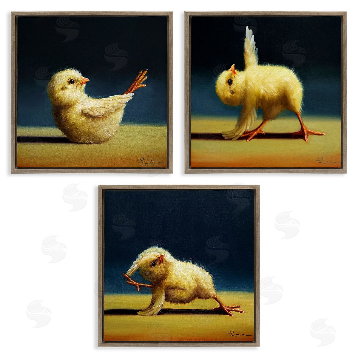 Yoga Chick Trio Funny Farm Animals Brown Floating Frame Canvas Wall Art, Home Decor by Lucia Heffernan
