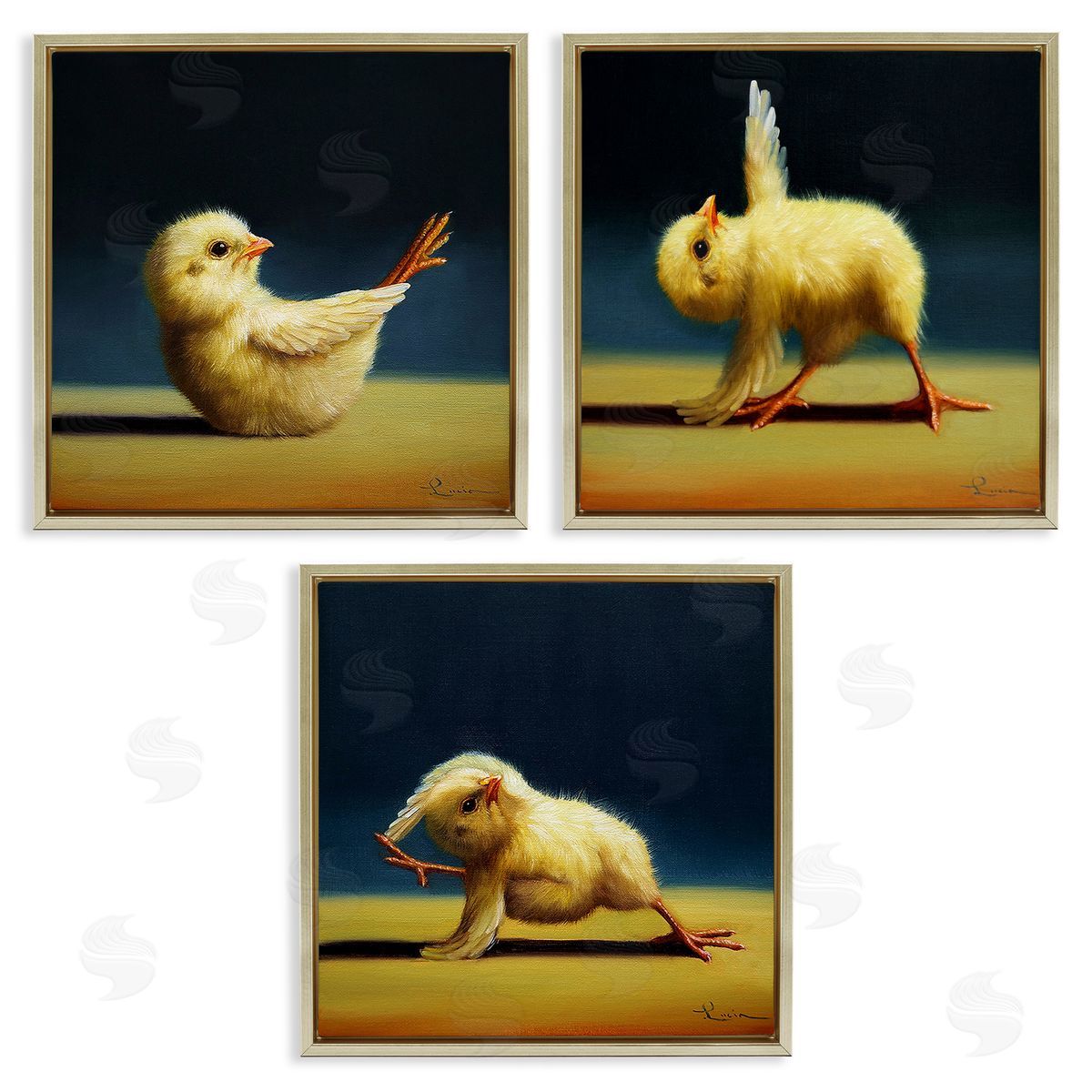 Yoga Chick Trio Funny Farm Animals Gold Floating Frame Canvas Wall Art, Home Decor by Lucia Heffernan